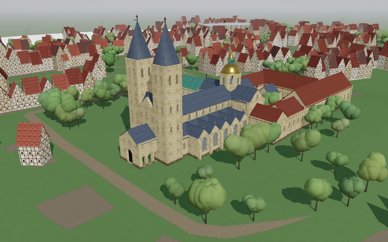 3D-Modell des Doms um 1850 mit Doppelturmfassade und barockem Vierungsturm, umgeben von der Altstadt